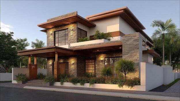 Stone and timber villa showcasing natural material finishes
