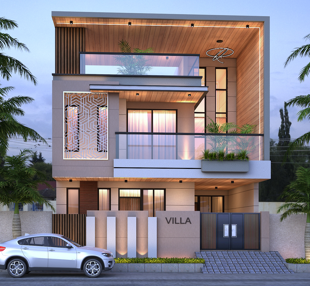Modern Morija Road villa with a refined facade, balcony, and warm exterior finishes